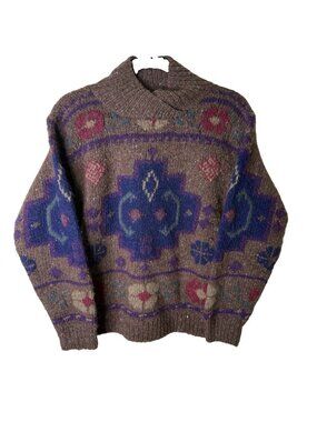 Vintage 90s Cowichan Wool Sweater Rainbow Floral Folk Art Western